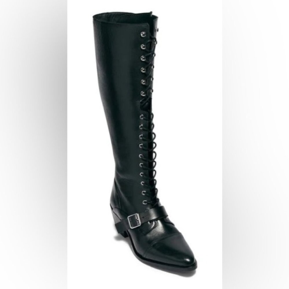 All Saints Savannah Black Over the Knee Boots with Lace-Up Design Size 38